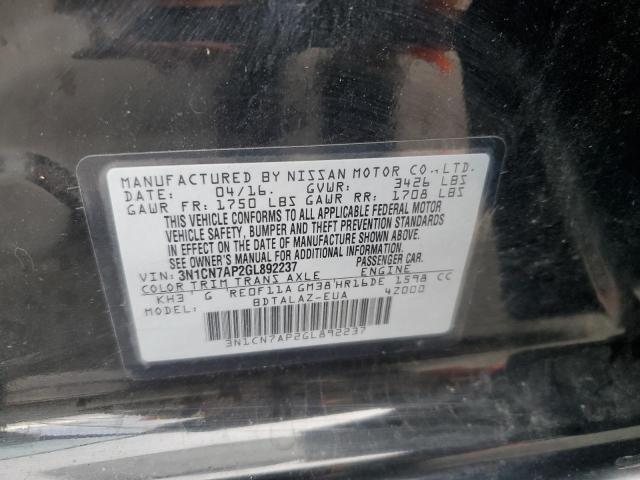 3N1CN7AP2GL892237 - 2016 NISSAN VERSA S BLACK photo 12
