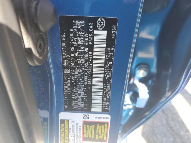 4T1B11HK6KU214449 - 2019 TOYOTA CAMRY L BLUE photo 13