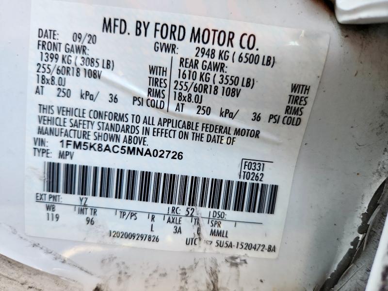 1FM5K8AC5MNA02726 - 2021 FORD EXPLORER POLICE INTERCEPTOR WHITE photo 13