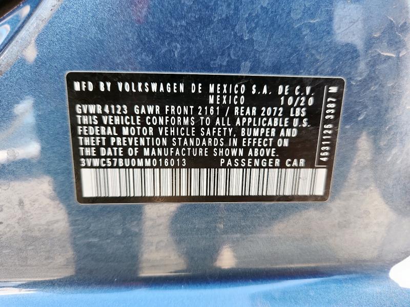 3VWC57BU0MM016013 - 2021 VOLKSWAGEN JETTA S BLUE photo 12