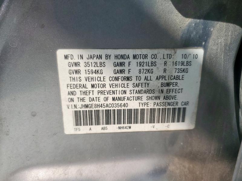 JHMGE8H45AC035640 - 2010 HONDA FIT SPORT SILVER photo 12