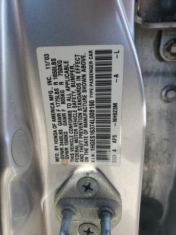 1HGES16374L008190 - 2004 HONDA CIVIC DX VP SILVER photo 12