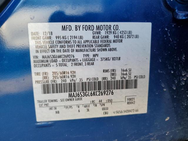 MAJ6S3GL6KC269276 - 2019 FORD ECOSPORT SE BLUE photo 14