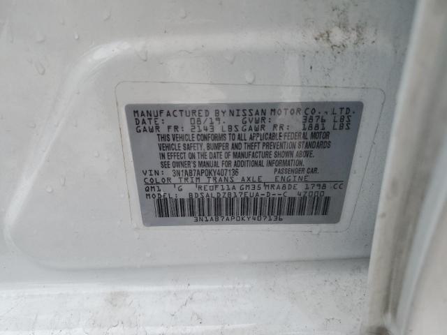 3N1AB7AP0KY407136 - 2019 NISSAN SENTRA S თეთრი ფოტო 12