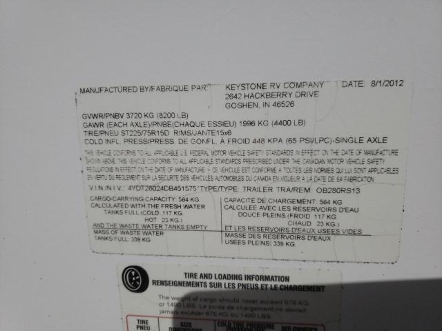 4YDT28024DB451575 - 2013 KEYSTONE OUTBACK TWO TONE photo 10