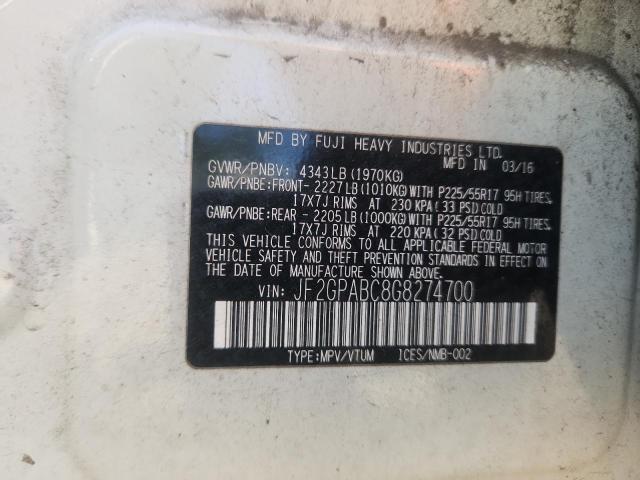 JF2GPABC8G8274700 - 2016 SUBARU CROSSTREK PREMIUM WHITE photo 13