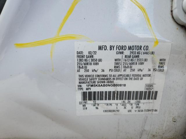 1FM5K8AB0NGB00818 - 2022 FORD EXPLORER POLICE INTERCEPTOR Սպիտակ լուսանկար 13