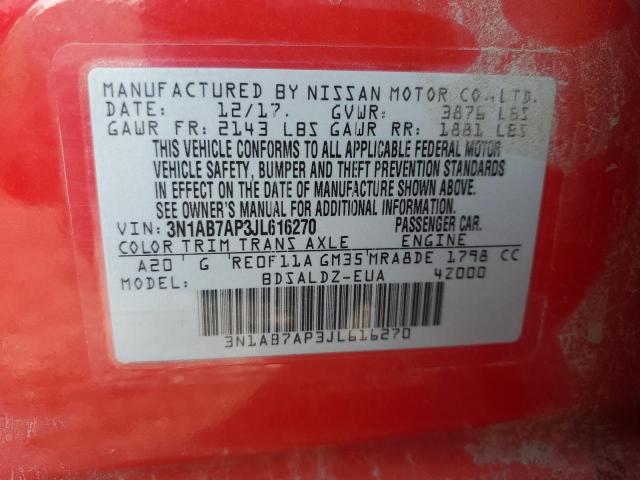 3N1AB7AP3JL616270 - 2018 NISSAN SENTRA S RED photo 13