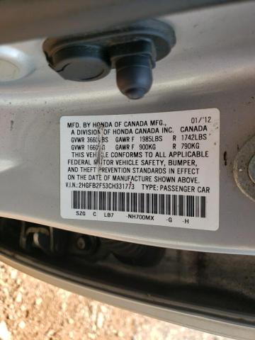 2HGFB2F53CH331773 - 2012 HONDA CIVIC LX SILVER photo 12