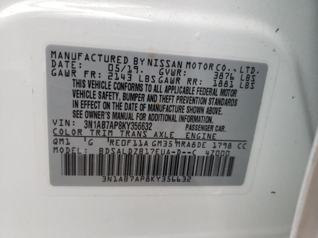 3N1AB7AP8KY356632 - 2019 NISSAN SENTRA S WHITE photo 12