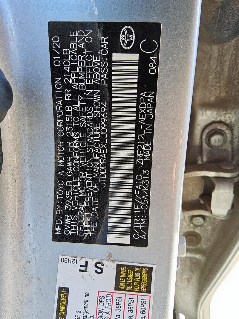 JTDDPRAEXLJ099694 - 2020 TOYOTA COROLLA L SILVER photo 12