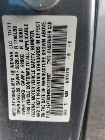 19XFB2F9XCE026607 - 2012 HONDA CIVIC EXL ნაცრისფერი ფოტო 12