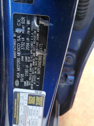 3KPF24AD3KE042475 - 2019 KIA FORTE FE Көк фото 12