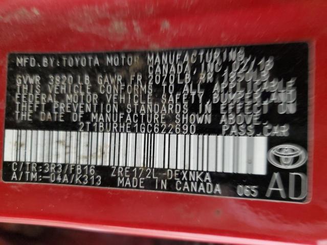 2T1BURHE1GC622690 - 2016 TOYOTA COROLLA L RED photo 12