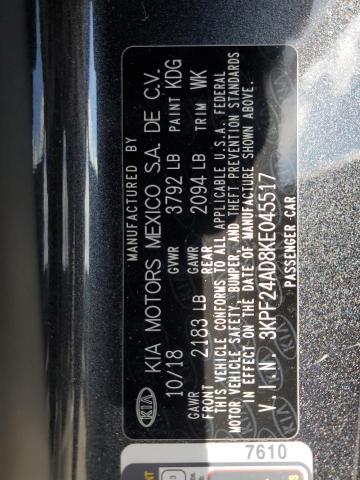3KPF24AD8KE045517 - 2019 KIA FORTE FE GRAY photo 12