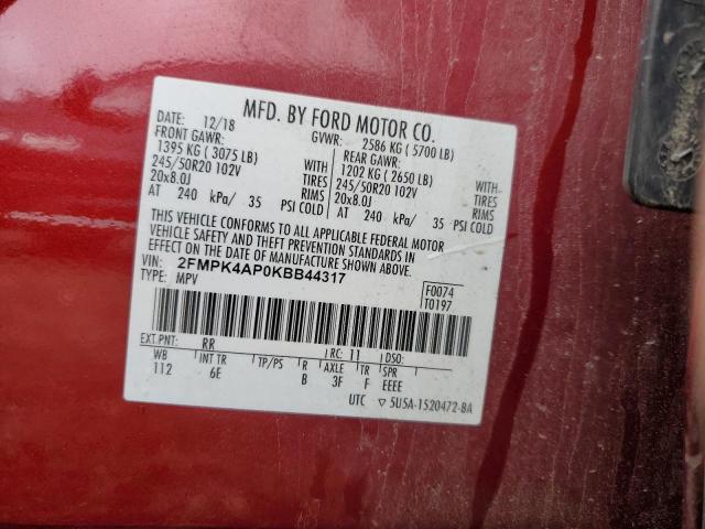 2FMPK4AP0KBB44317 - 2019 FORD EDGE ST RED photo 13