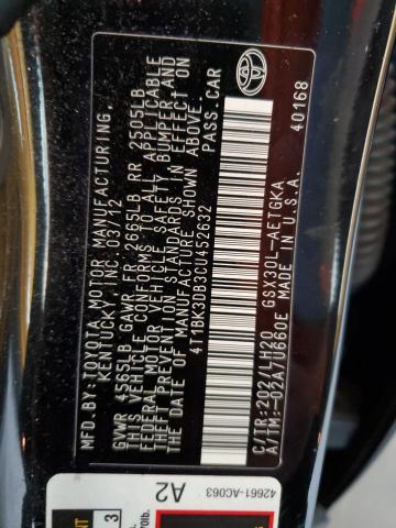 4T1BK3DB3CU452632 - 2012 TOYOTA AVALON BASE Черный фото 12