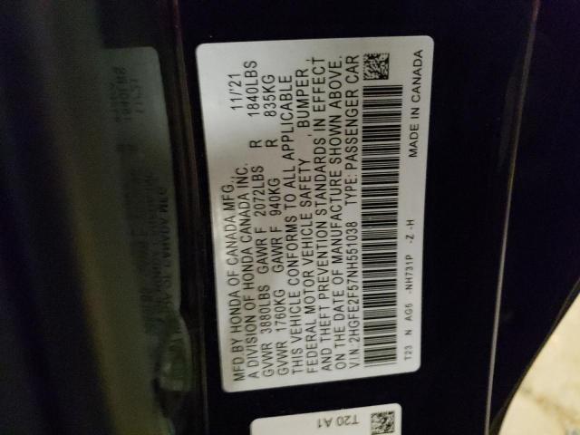 2HGFE2F57NH551038 - 2022 HONDA CIVIC SPORT 黑色 照片 12