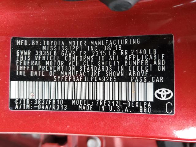 5YFEPRAE1LP049265 - 2020 TOYOTA COROLLA LE RED photo 13