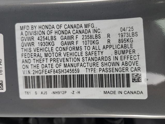 2HGFE4F84SH345659 - 2025 HONDA CIVIC SPORT GRAY photo 13