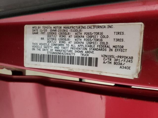 5TEGN92N64Z344273 - 2004 TOYOTA TACOMA DOUBLE CAB PRERUNNER BURGUNDY photo 12