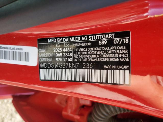 WDDSJ4GB7KN712361 - 2019 MERCEDES-BENZ CLA 250 4MATIC RED photo 12