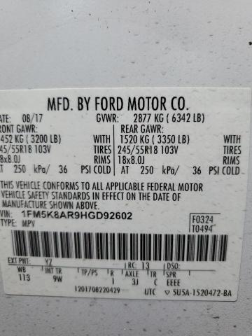 1FM5K8AR9HGD92602 - 2017 FORD EXPLORER POLICE INTERCEPTOR 白色 照片 13