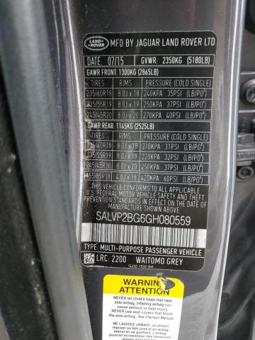 SALVP2BG6GH080559 - 2016 LAND ROVER RANGE ROVE SE GRAY photo 12