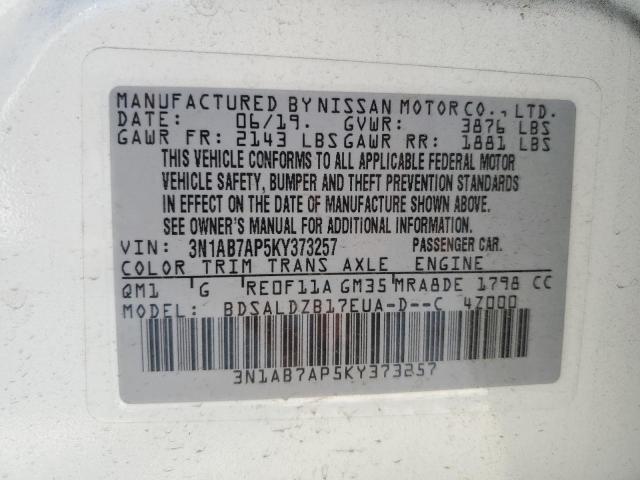 3N1AB7AP5KY373257 - 2019 NISSAN SENTRA S WHITE photo 12