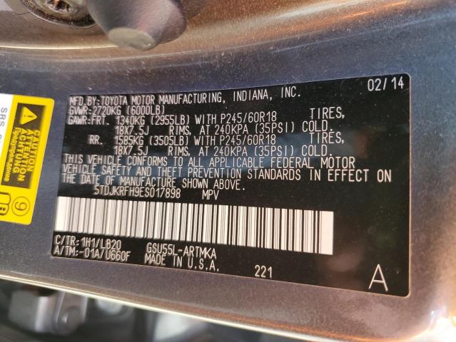 5TDJKRFH9ES017898 - 2014 TOYOTA HIGHLANDER XLE Gris foto 14