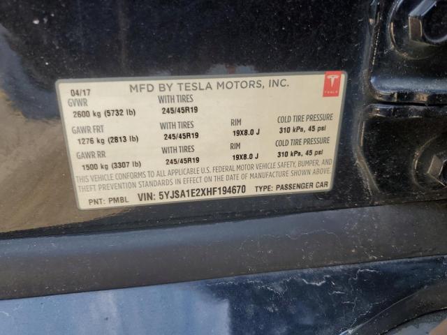 5YJSA1E2XHF194670 - 2017 TESLA MODEL S Noir photo 13