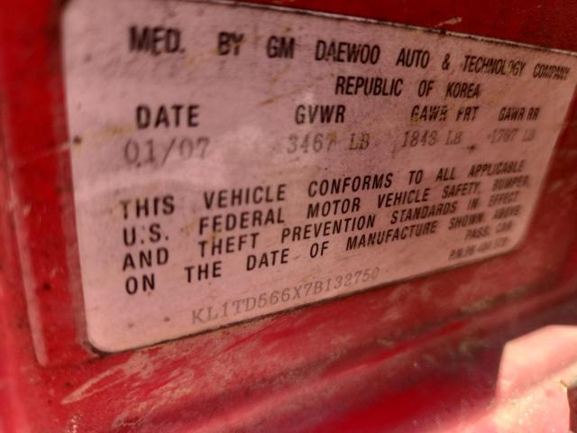 KL1TD566X7B132750 - 2007 CHEVROLET AVEO BASE RED photo 12