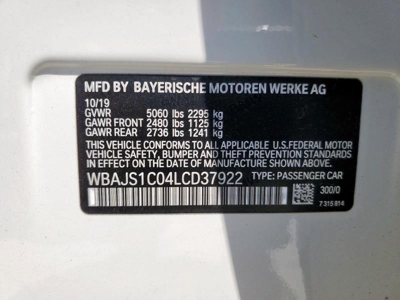 WBAJS1C04LCD37922 - 2020 BMW 540 I WHITE photo 12