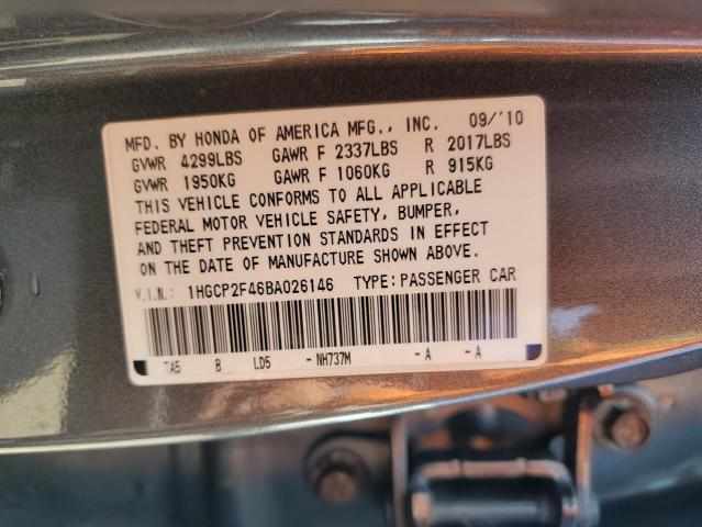 1HGCP2F46BA026146 - 2011 HONDA ACCORD LXP GRAY photo 12