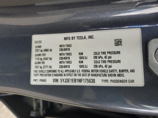 5YJ3E1EB1NF175638 - 2022 TESLA MODEL 3 GRAY photo 13