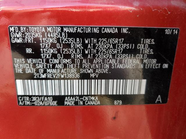 2T3WFREV2FW138936 - 2015 TOYOTA RAV4 XLE RED photo 13