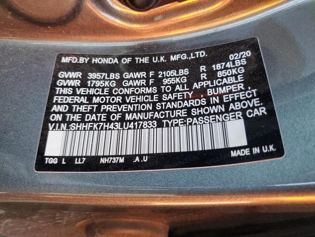 SHHFK7H43LU417833 - 2020 HONDA CIVIC SPORT ნაცრისფერი ფოტო 12