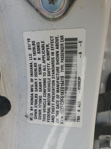 19XFC2F61KE016419 - 2019 HONDA CIVIC LX WHITE photo 12