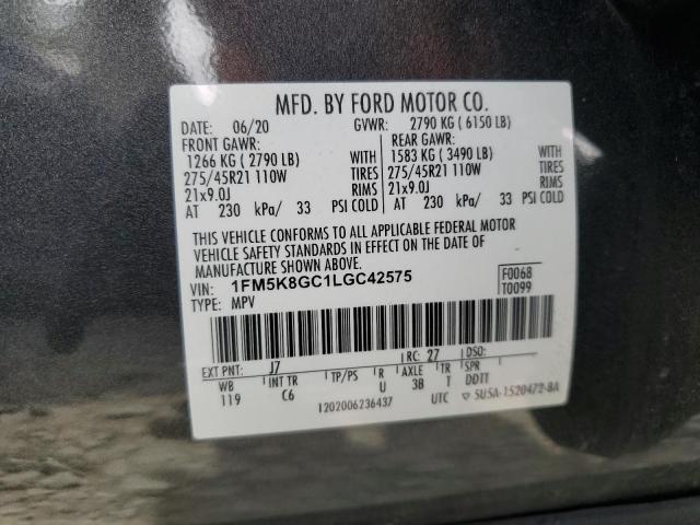 1FM5K8GC1LGC42575 - 2020 FORD EXPLORER ST CHARCOAL photo 13