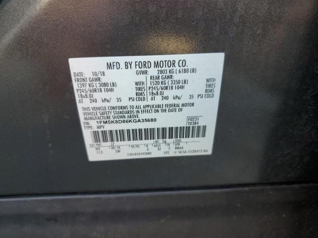 1FM5K8D86KGA35680 - 2019 FORD EXPLORER XLT Gris photo 13