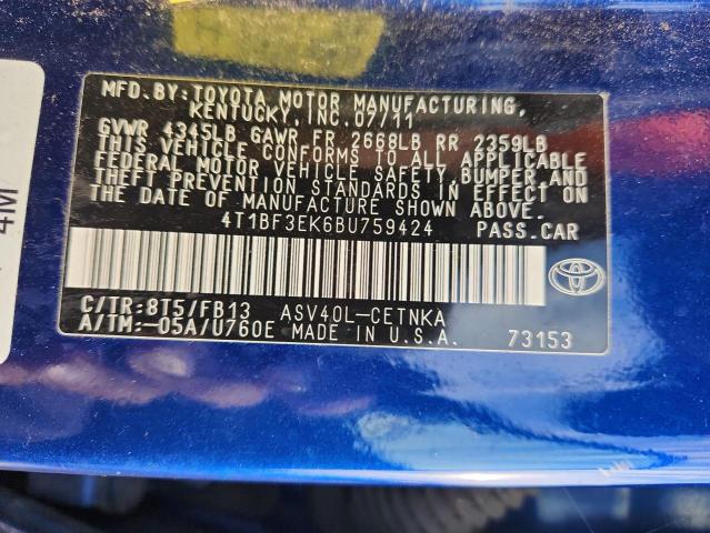 4T1BF3EK6BU759424 - 2011 TOYOTA CAMRY BASE BLUE photo 13