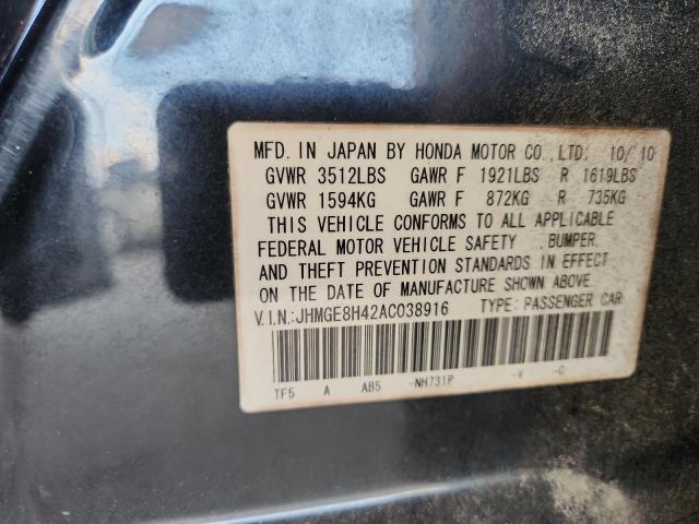 JHMGE8H42AC038916 - 2010 HONDA FIT SPORT BLACK photo 12