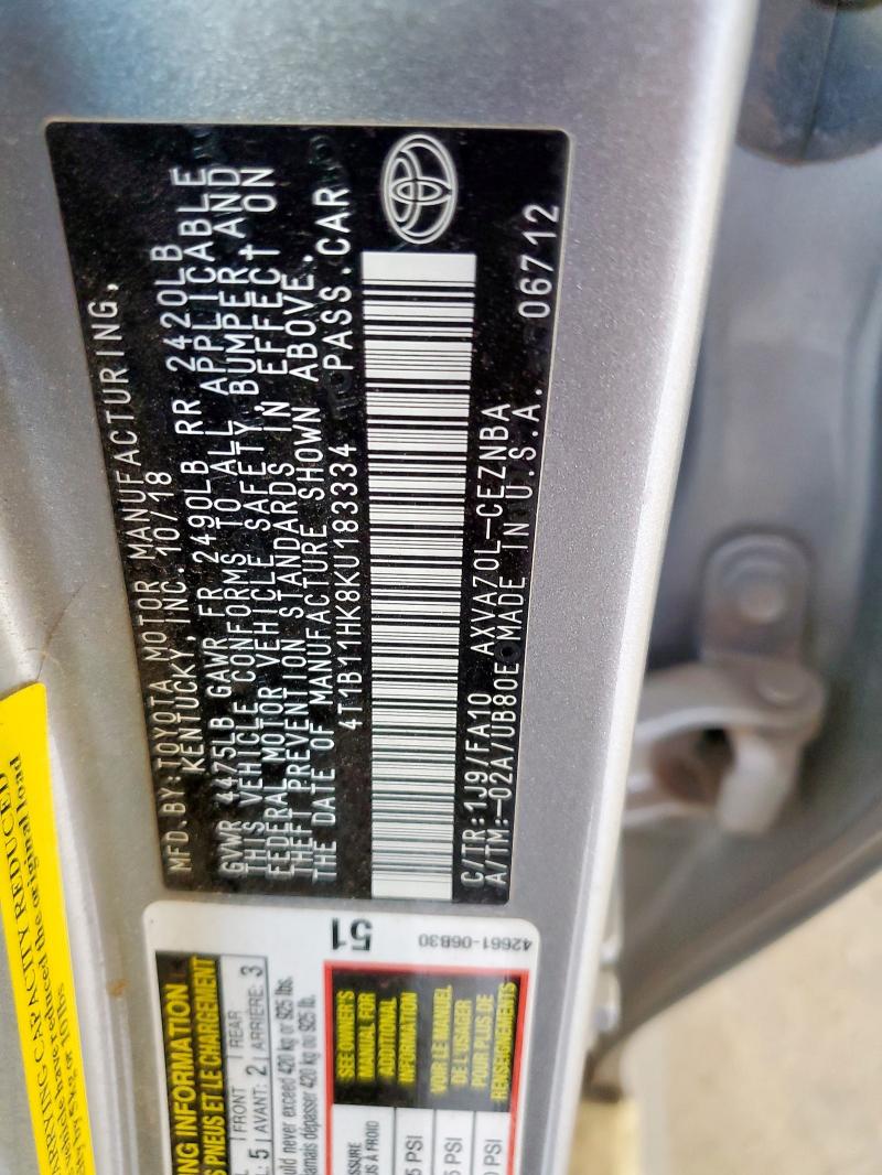 4T1B11HK8KU183334 - 2019 TOYOTA CAMRY L 银色 照片 13