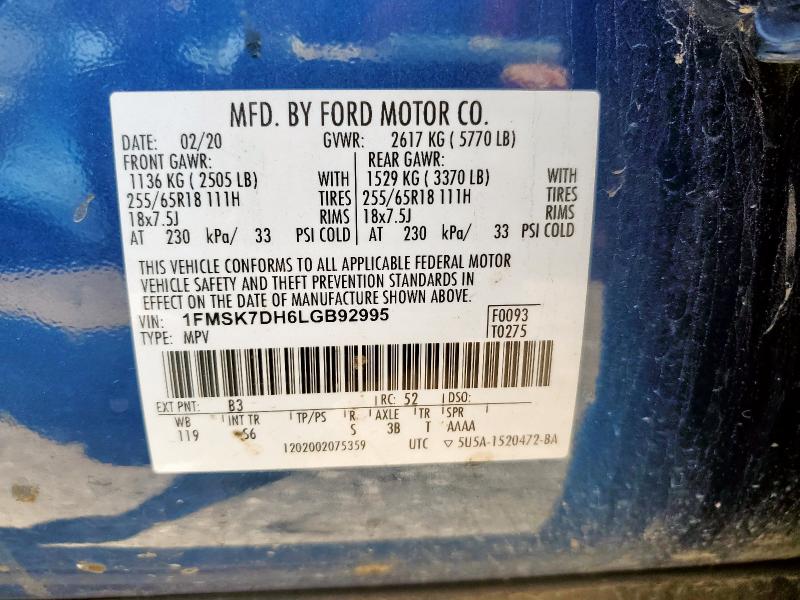 1FMSK7DH6LGB92995 - 2020 FORD EXPLORER XLT BLUE photo 14