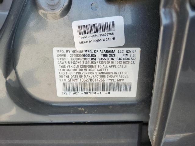 5FNYF18627B014266 - 2007 HONDA PILOT EXL GRAY photo 13