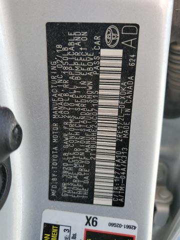 2T1BURHE2JC071015 - 2018 TOYOTA COROLLA L 银色 照片 13