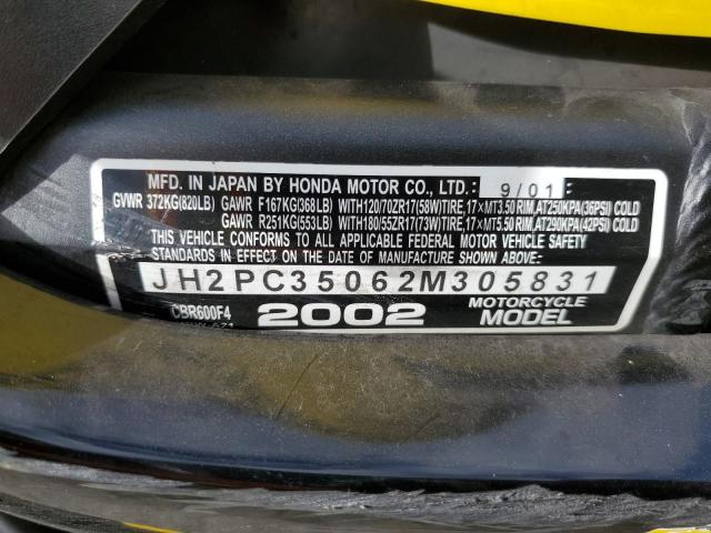 JH2PC35062M305831 - 2002 HONDA CBR600 F4 YELLOW photo 10