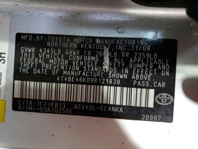 4T4BE46K09R121838 - 2009 TOYOTA CAMRY BASE SILVER photo 12