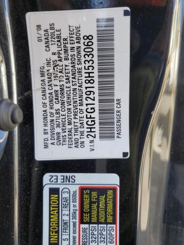 2HGFG12918H533068 - 2008 HONDA CIVIC EXL შავი ფოტო 12