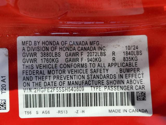2HGFE2F55SH540809 - 2025 HONDA CIVIC SPORT RED photo 13